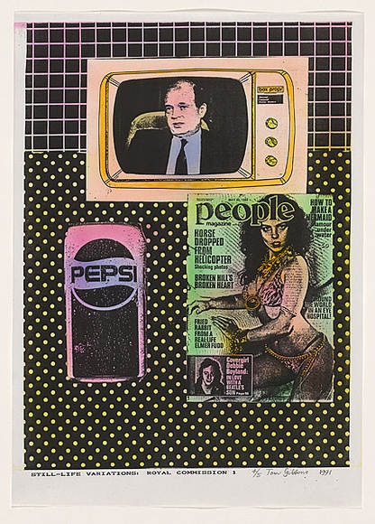Title: Still life variations: royal commission 1 | Date: 1991 | Technique: photocopy, printed in black ink, from collaged artwork; hand-coloured with aerosol paint