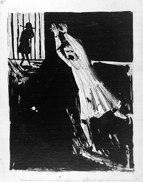 Artist: b'Blackman, Charles.' | Title: b'Fleeing schoolgirl.' | Date: 1953 | Technique: b'lithograph, printed in black ink, from one zinc plate' Artist: b'Blackman, Charles.' | Title: b'Fleeing schoolgirl.' | Date: 1953 | Technique: b'lithograph, printed in black ink, from one zinc plate'