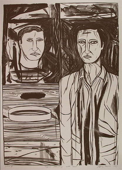 Artist: b'Harris, Jeffrey.' | Title: b'Figure standing with head' | Date: 1987 | Technique: b'lithograph, printed in black ink, from one stone' Artist: b'Harris, Jeffrey.' | Title: b'Figure standing with head' | Date: 1987 | Technique: b'lithograph, printed in black ink, from one stone'