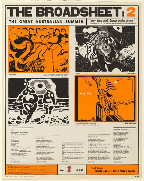 Artist: b'Turner, A.' | Title: b'The Broadsheet 2: The Great Australian Summer - 9 individual prints by 4 artists on one sheet.' | Date: 1967 | Technique: b'relief, printed in colour, from two blocks,' Artist: b'Turner, A.' | Title: b'The Broadsheet 2: The Great Australian Summer - 9 individual prints by 4 artists on one sheet.' | Date: 1967 | Technique: b'relief, printed in colour, from two blocks,'