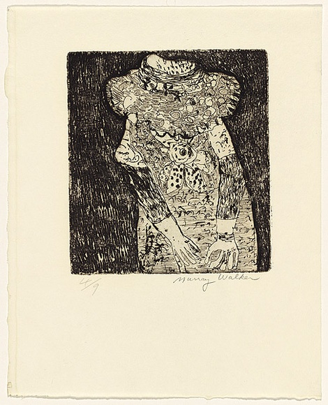 Artist: b'WALKER, Murray' | Title: b'(Woman in patterned dress and hat)' | Technique: b'etching, printed in black ink, from one plate' Artist: b'WALKER, Murray' | Title: b'(Woman in patterned dress and hat)' | Technique: b'etching, printed in black ink, from one plate'