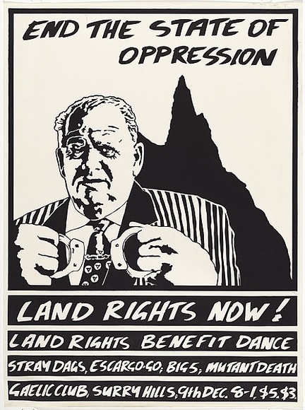 Artist: b'MACKINOLTY, Chips' | Title: b'End the state of oppression' | Date: 1982 | Technique: b'screenprint, printed in black ink, from one stencil' Artist: b'MACKINOLTY, Chips' | Title: b'End the state of oppression' | Date: 1982 | Technique: b'screenprint, printed in black ink, from one stencil'