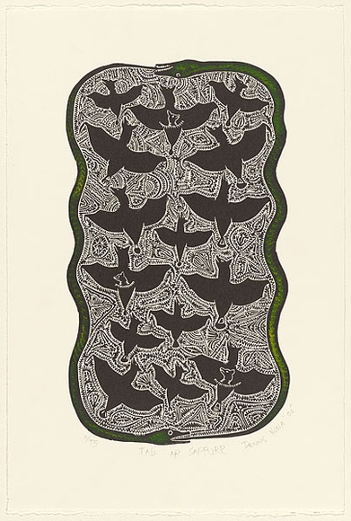Artist: b'Nona, Dennis.' | Title: b'Tab Ar Sappurr' | Date: 2000 | Technique: b'linocut, printed in black ink, from one block; hand-coloured' | Copyright: b'Courtesy of the artist and the Australia Art Print Network' Artist: b'Nona, Dennis.' | Title: b'Tab Ar Sappurr' | Date: 2000 | Technique: b'linocut, printed in black ink, from one block; hand-coloured' | Copyright: b'Courtesy of the artist and the Australia Art Print Network'