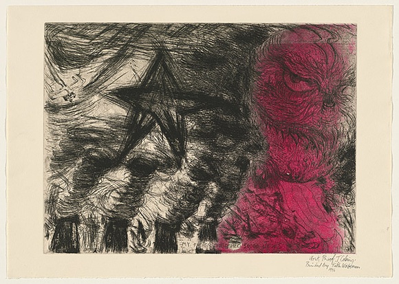 Title: b'My father murdered 50,000 Jews' | Date: 1992- 1996 | Technique: b'etching, printed in black and pink ink, from two plates' Title: b'My father murdered 50,000 Jews' | Date: 1992- 1996 | Technique: b'etching, printed in black and pink ink, from two plates'