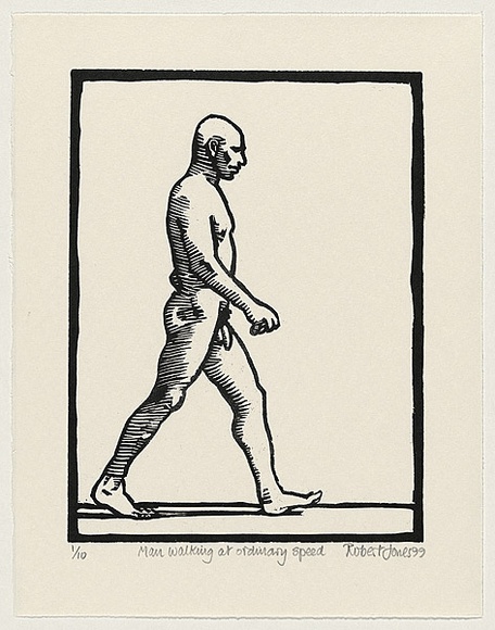 Artist: b'Jones, Robert.' | Title: b'Man walking at ordinary speed' | Date: 1999 | Technique: b'woodcut, printed in black ink, from 1 MDF block' Artist: b'Jones, Robert.' | Title: b'Man walking at ordinary speed' | Date: 1999 | Technique: b'woodcut, printed in black ink, from 1 MDF block'