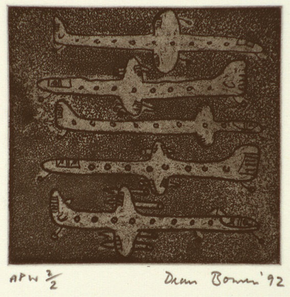 Artist: b'Bowen, Dean.' | Title: b'not titled (five aeroplanes)' | Date: 1992 | Technique: b'etching, printed in black ink, from one plate' Artist: b'Bowen, Dean.' | Title: b'not titled (five aeroplanes)' | Date: 1992 | Technique: b'etching, printed in black ink, from one plate'