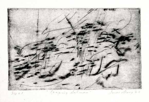 Artist: b'Sharp, James.' | Title: b'Leaping salmon' | Date: 1966 | Technique: b'drypoint, printed in black ink, with plate-tone, from one plate' | Copyright: b'\xc2\xa9 Estate of James Sharp' Artist: b'Sharp, James.' | Title: b'Leaping salmon' | Date: 1966 | Technique: b'drypoint, printed in black ink, with plate-tone, from one plate' | Copyright: b'\xc2\xa9 Estate of James Sharp'