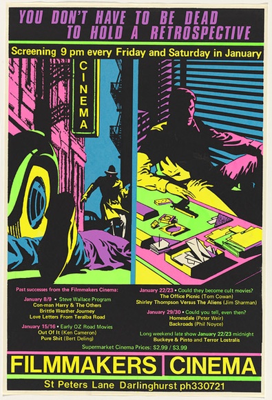 Artist: b'Mackay, Jan' | Title: bYou don't have to be dead to hold a retrospective | Date: 1982 | Technique: b'screenprint, printed in colour, from six stencils' Artist: b'Mackay, Jan' | Title: bYou don't have to be dead to hold a retrospective | Date: 1982 | Technique: b'screenprint, printed in colour, from six stencils'