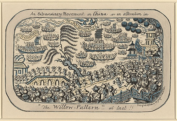 Artist: b'Cruikshank, George.' | Title: b'An Extraordinary Movement in China or an alteration in The willow pattern - at last!.' | Date: 1853 | Technique: b'etching, printed in black ink, from one steel plate; subsequently hand-coloured' Artist: b'Cruikshank, George.' | Title: b'An Extraordinary Movement in China or an alteration in The willow pattern - at last!.' | Date: 1853 | Technique: b'etching, printed in black ink, from one steel plate; subsequently hand-coloured'