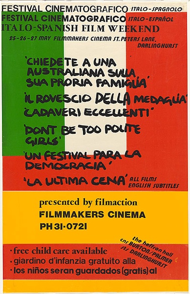 Artist: b'Weary, Geoff.' | Title: b'Festival cinematografico ... Italo-Spanish film weekend' | Date: 1979 | Technique: b'screenprint, printed in colour, from four stencils' Artist: b'Weary, Geoff.' | Title: b'Festival cinematografico ... Italo-Spanish film weekend' | Date: 1979 | Technique: b'screenprint, printed in colour, from four stencils'