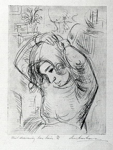 Artist: b'Armstrong, Ian.' | Title: b'Girl dressing her hair.' | Date: c.1954 | Technique: b'etching, printed in black ink, from one plate' Artist: b'Armstrong, Ian.' | Title: b'Girl dressing her hair.' | Date: c.1954 | Technique: b'etching, printed in black ink, from one plate'
