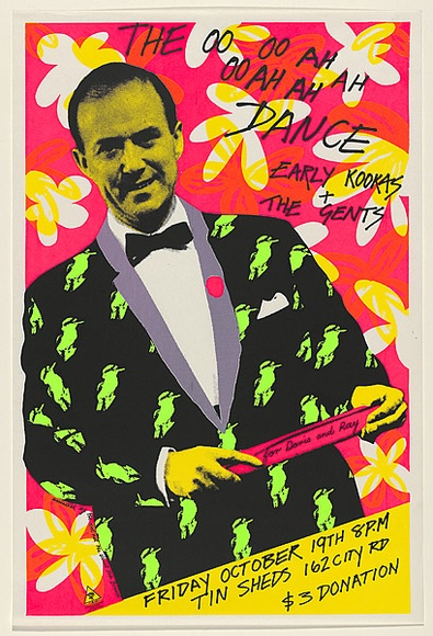 Artist: b'Mackay, Jan' | Title: b'The oo oo ah oo ah ah ah dance. Early Kookas + The Gents.' | Date: 1979 | Technique: b'screenprint, printed in colour, from five stencils' Artist: b'Mackay, Jan' | Title: b'The oo oo ah oo ah ah ah dance. Early Kookas + The Gents.' | Date: 1979 | Technique: b'screenprint, printed in colour, from five stencils'