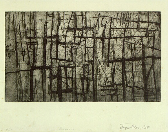 Artist: b'Allen, Joyce.' | Title: b'Barrier.' | Date: 1964 | Technique: b'etching, aquatint printed with plate-tone, from one plate' Artist: b'Allen, Joyce.' | Title: b'Barrier.' | Date: 1964 | Technique: b'etching, aquatint printed with plate-tone, from one plate'