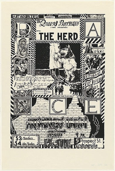Artist: b'IN-DUST-REAL ART' | Title: b'Artworkers Union Benefit' | Date: 1985 | Technique: b'screenprint, printed in black ink, from one stencil' Artist: b'IN-DUST-REAL ART' | Title: b'Artworkers Union Benefit' | Date: 1985 | Technique: b'screenprint, printed in black ink, from one stencil'