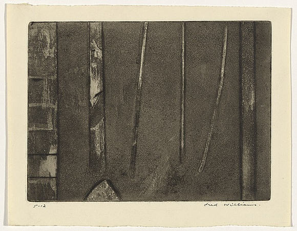 Artist: b'WILLIAMS, Fred' | Title: b'Landscape with a building' | Date: 1959-60 | Technique: b'aquatint, etching, drypoint, engraving and flat biting, printed in black ink, from one copper plate' | Copyright: b'\xc2\xa9 Fred Williams Estate' Artist: b'WILLIAMS, Fred' | Title: b'Landscape with a building' | Date: 1959-60 | Technique: b'aquatint, etching, drypoint, engraving and flat biting, printed in black ink, from one copper plate' | Copyright: b'\xc2\xa9 Fred Williams Estate'