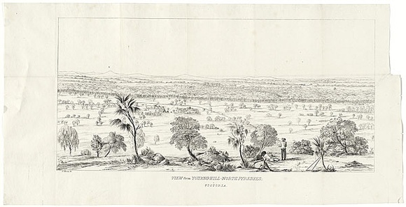Title: b'View of Youang Hill - North Pyrenees, Victoria.' | Date: c.1852 | Technique: b'etching and engraving, printed in black ink, from one plate' Title: b'View of Youang Hill - North Pyrenees, Victoria.' | Date: c.1852 | Technique: b'etching and engraving, printed in black ink, from one plate'