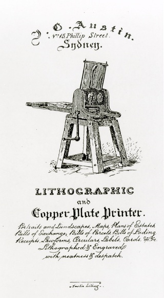 Artist: b'Austin, J.G.' | Title: b'J.G. Austin. No.15 Phillip Street, Sydney. Lithographic and Copper Plate Printer.' | Date: 1834 | Technique: b'lithograph, printed in black ink, from one stone' Artist: b'Austin, J.G.' | Title: b'J.G. Austin. No.15 Phillip Street, Sydney. Lithographic and Copper Plate Printer.' | Date: 1834 | Technique: b'lithograph, printed in black ink, from one stone'