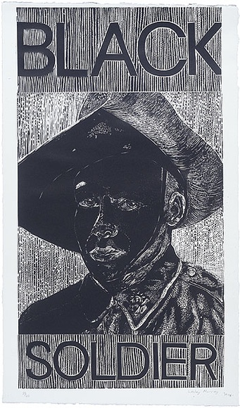 Artist: b'Murray, Lesley.' | Title: b'Black soldier' | Date: 1994 | Technique: b'woodcut, printed in black ink, from three blocks' Artist: b'Murray, Lesley.' | Title: b'Black soldier' | Date: 1994 | Technique: b'woodcut, printed in black ink, from three blocks'