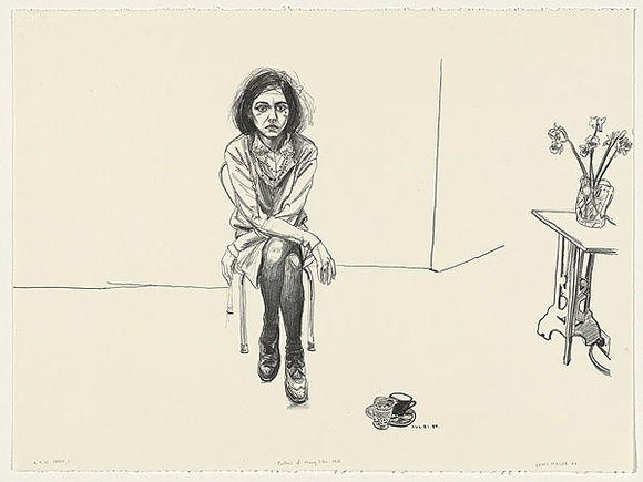 Artist: b'Miller, Lewis.' | Title: b'Portrait of Mary Ellen Hill' | Date: 1989 | Technique: b'lithograph, printed in black ink, from one stone' | Copyright: b'\xc2\xa9 Lewis Miller. Licensed by VISCOPY, Australia' Artist: b'Miller, Lewis.' | Title: b'Portrait of Mary Ellen Hill' | Date: 1989 | Technique: b'lithograph, printed in black ink, from one stone' | Copyright: b'\xc2\xa9 Lewis Miller. Licensed by VISCOPY, Australia'