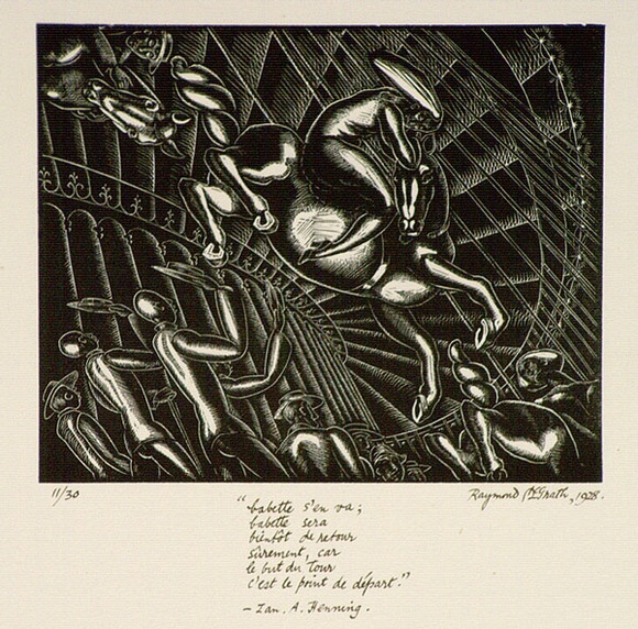 Artist: b'McGrath, Raymond.' | Title: b'La Vie en Raville' | Date: 1928 | Technique: b'wood-engraving, printed in black ink, from one block' Artist: b'McGrath, Raymond.' | Title: b'La Vie en Raville' | Date: 1928 | Technique: b'wood-engraving, printed in black ink, from one block'