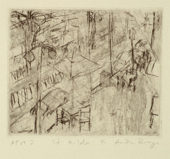 Artist: b'Bragge, Anita.' | Title: b'St Kilda 4.' | Date: 1999, March | Technique: b'drypoint, printed in black ink, from one plate' Artist: b'Bragge, Anita.' | Title: b'St Kilda 4.' | Date: 1999, March | Technique: b'drypoint, printed in black ink, from one plate'