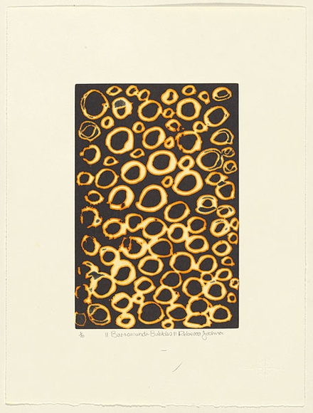 Artist: b'Joshua, Rebecca.' | Title: b'Barramundi bubbles' | Date: c.2001 | Technique: b'etching, printed in colour, from one plate' Artist: b'Joshua, Rebecca.' | Title: b'Barramundi bubbles' | Date: c.2001 | Technique: b'etching, printed in colour, from one plate'