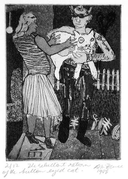 Artist: b'McBurnie, Ron.' | Title: b'The reluctant return of the button eyed cat' | Date: 1988 | Technique: b'etching and aquatint, printed in black ink, from one plate' | Copyright: b'\xc2\xa9 Ron McBurnie' Artist: b'McBurnie, Ron.' | Title: b'The reluctant return of the button eyed cat' | Date: 1988 | Technique: b'etching and aquatint, printed in black ink, from one plate' | Copyright: b'\xc2\xa9 Ron McBurnie'