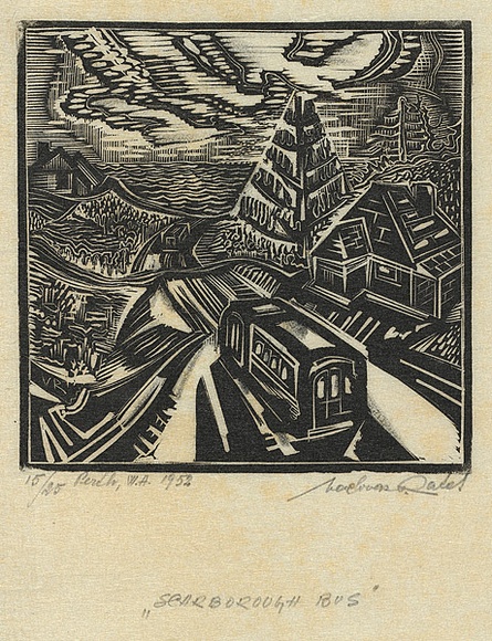 Artist: b'Ratas, Vaclovas.' | Title: b'Scarborough bus' | Date: 1952 | Technique: b'wood-engraving, printed in black ink, from one block' Artist: b'Ratas, Vaclovas.' | Title: b'Scarborough bus' | Date: 1952 | Technique: b'wood-engraving, printed in black ink, from one block'