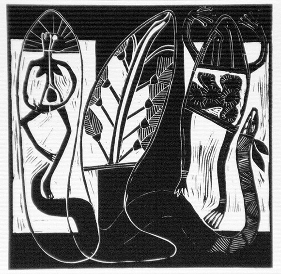 Artist: b'Meeks, Arone Raymond.' | Title: b'Dilly Bag' | Date: 1988 | Technique: b'offset-lithogrph, printed in black ink, from one plate; from linocut original' Artist: b'Meeks, Arone Raymond.' | Title: b'Dilly Bag' | Date: 1988 | Technique: b'offset-lithogrph, printed in black ink, from one plate; from linocut original'