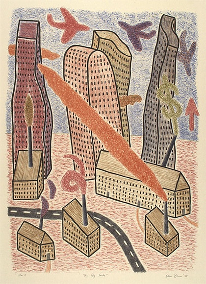 Artist: b'Bowen, Dean.' | Title: b'The big smoke' | Date: 1988 | Technique: b'lithograph, printed in colour, from multiple stones' Artist: b'Bowen, Dean.' | Title: b'The big smoke' | Date: 1988 | Technique: b'lithograph, printed in colour, from multiple stones'