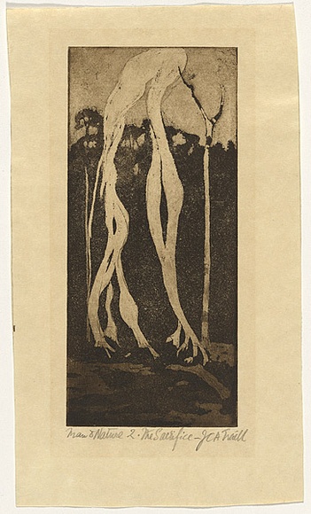 Artist: b'Traill, Jessie.' | Title: b'Man and Nature 2: The Sacrifice' | Date: 1914 | Technique: b'aquatint, printed in warm black ink, from one plate' Artist: b'Traill, Jessie.' | Title: b'Man and Nature 2: The Sacrifice' | Date: 1914 | Technique: b'aquatint, printed in warm black ink, from one plate'
