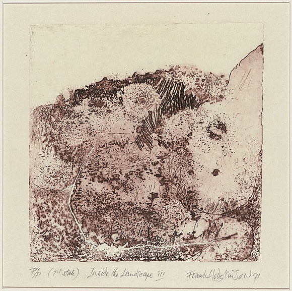 Artist: b'Hodgkinson, Frank.' | Title: b'Inside the landscape III' | Date: 1971 | Technique: b'hard ground, deep etching, printed in magenta' Artist: b'Hodgkinson, Frank.' | Title: b'Inside the landscape III' | Date: 1971 | Technique: b'hard ground, deep etching, printed in magenta'