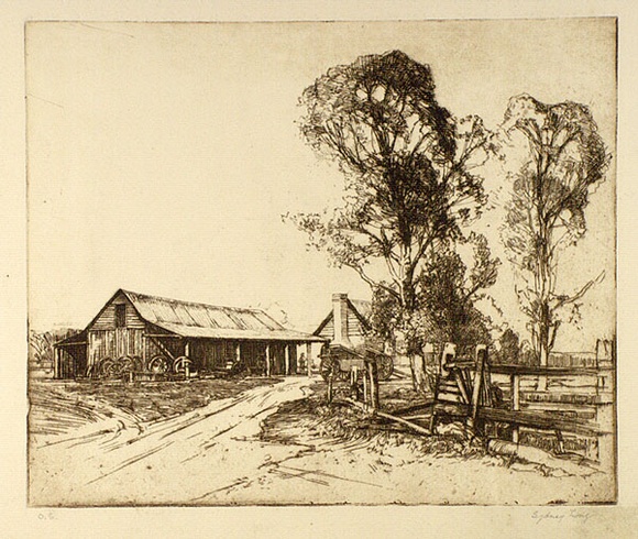 Artist: b'Long, Sydney.' | Title: b<p>The blacksmith's shop</p> | Date: (1928) | Technique: b'line-etching, printed in black ink from one copper plate' | Copyright: b'Reproduced with the kind permission of the Ophthalmic Research Institute of Australia'