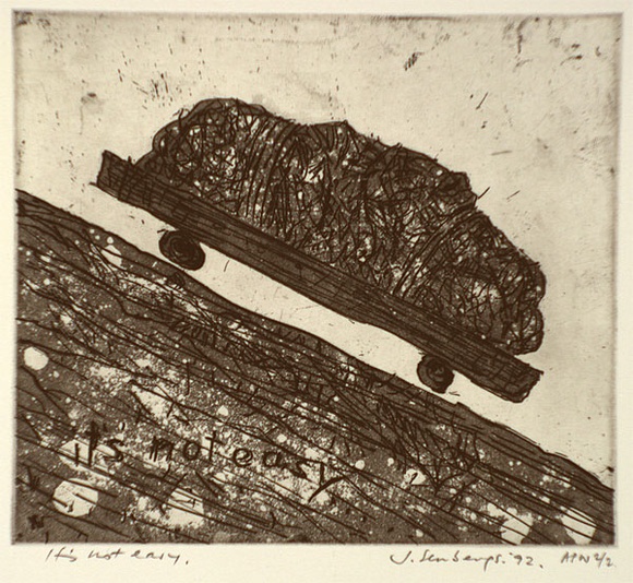 Artist: b'Senbergs, Jan.' | Title: b'Its not easy' | Date: 1992 | Technique: b'etching, printed in black ink, from one plate' | Copyright: b'\xc2\xa9 Jan Senbergs' Artist: b'Senbergs, Jan.' | Title: b'Its not easy' | Date: 1992 | Technique: b'etching, printed in black ink, from one plate' | Copyright: b'\xc2\xa9 Jan Senbergs'