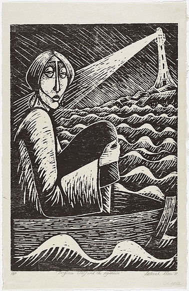 Artist: b'Klein, Deborah.' | Title: b'Virginia Woolf and the lighthouse' | Date: 1991 | Technique: b'woodcut, printed in black ink, from one block' Artist: b'Klein, Deborah.' | Title: b'Virginia Woolf and the lighthouse' | Date: 1991 | Technique: b'woodcut, printed in black ink, from one block'