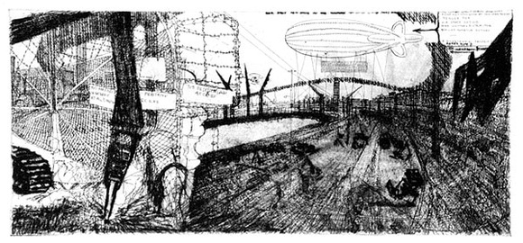 Artist: b'Rooney, Elizabeth.' | Title: b'Bridgehead revisited' | Date: 1986 | Technique: b'etching, aquatint and roulette printed in black ink, from one plate' Artist: b'Rooney, Elizabeth.' | Title: b'Bridgehead revisited' | Date: 1986 | Technique: b'etching, aquatint and roulette printed in black ink, from one plate'