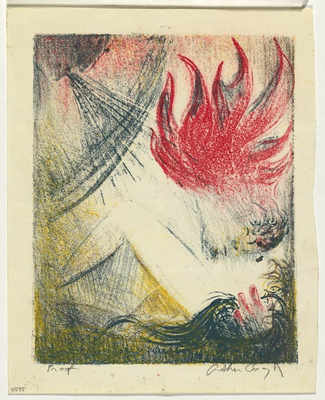 Artist: b'BOYD, Arthur' | Title: b'(Two figures, with blowing head and flames).' | Date: 1960-70 | Technique: b'etching, printed in colour, from one plate' | Copyright: b'Reproduced with permission of Bundanon Trust' Artist: b'BOYD, Arthur' | Title: b'(Two figures, with blowing head and flames).' | Date: 1960-70 | Technique: b'etching, printed in colour, from one plate' | Copyright: b'Reproduced with permission of Bundanon Trust'