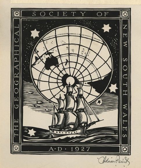 Artist: b'FEINT, Adrian' | Title: b'Bookplate: The Geographical Society of New South Wales.' | Date: (1942) | Technique: b'wood-engraving, printed in black ink, from one block' | Copyright: b'Courtesy the Estate of Adrian Feint' Artist: b'FEINT, Adrian' | Title: b'Bookplate: The Geographical Society of New South Wales.' | Date: (1942) | Technique: b'wood-engraving, printed in black ink, from one block' | Copyright: b'Courtesy the Estate of Adrian Feint'