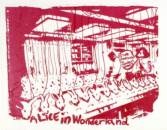 Artist: b'Gibb, Viva Jillian.' | Title: b'Alice in Wonderland' | Date: c.1984 | Technique: b'screenprint, printed in pink ink, from one stencil' Artist: b'Gibb, Viva Jillian.' | Title: b'Alice in Wonderland' | Date: c.1984 | Technique: b'screenprint, printed in pink ink, from one stencil'