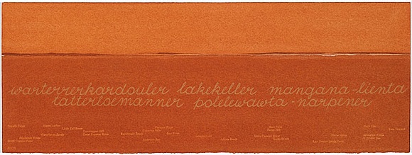Artist: b'MADDOCK, Bea' | Title: b'Terra Spiritus...with a darker shade of pale' | Date: 1993-98 | Technique: b'stencil print, printed in hand-ground Launceston ochre from multiple hand-cut mylar stencils; letterpress text blind printed; hand-drawn script' Artist: b'MADDOCK, Bea' | Title: b'Terra Spiritus...with a darker shade of pale' | Date: 1993-98 | Technique: b'stencil print, printed in hand-ground Launceston ochre from multiple hand-cut mylar stencils; letterpress text blind printed; hand-drawn script'