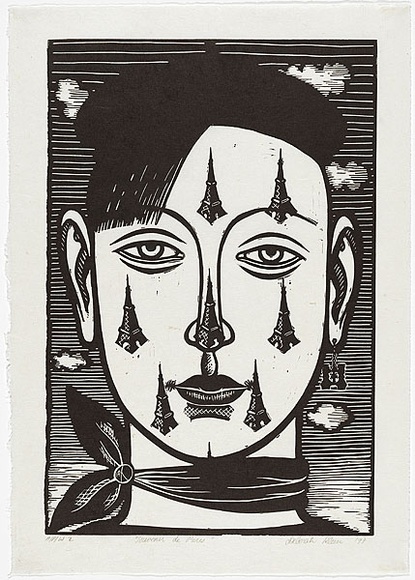 Artist: b'Klein, Deborah.' | Title: b'Souvenir de Paris' | Date: 1997 | Technique: b'linocut, printed in black ink, from one block' Artist: b'Klein, Deborah.' | Title: b'Souvenir de Paris' | Date: 1997 | Technique: b'linocut, printed in black ink, from one block'