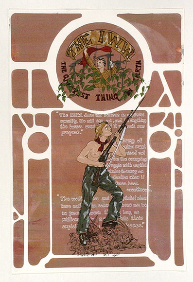 Artist: b'UNKNOWN' | Title: b'Industrial Workers of the World' | Technique: b'screenprint, printed in pink ink, from one stencil' Artist: b'UNKNOWN' | Title: b'Industrial Workers of the World' | Technique: b'screenprint, printed in pink ink, from one stencil'