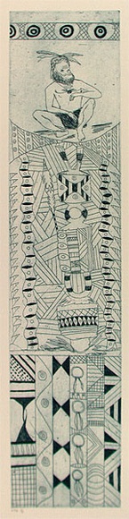 Artist: b'Puruntatameri, Cecil,' | Title: b'Long man etching' | Date: 1995, December | Technique: b'etching, printed in blue ink, from one plate' Artist: b'Puruntatameri, Cecil,' | Title: b'Long man etching' | Date: 1995, December | Technique: b'etching, printed in blue ink, from one plate'