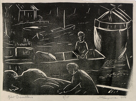 Artist: b'ROSENGRAVE, Harry' | Title: b'Boat dwellers' | Date: 1954 | Technique: b'linocut, printed in black ink, from one block' Artist: b'ROSENGRAVE, Harry' | Title: b'Boat dwellers' | Date: 1954 | Technique: b'linocut, printed in black ink, from one block'