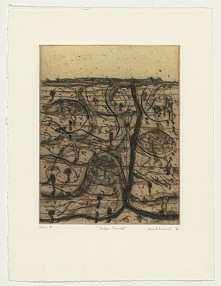 Artist: b'Larwill, David.' | Title: b'Balgo turnoff' | Date: 1990 | Technique: b'etching, printed in colour, from two plates' Artist: b'Larwill, David.' | Title: b'Balgo turnoff' | Date: 1990 | Technique: b'etching, printed in colour, from two plates'