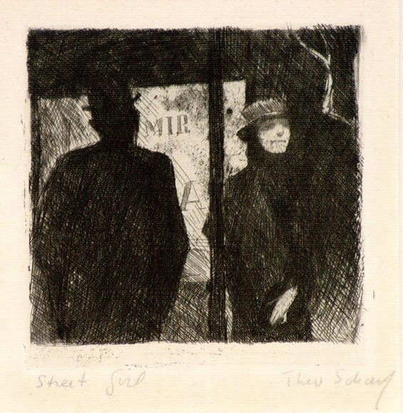 Artist: b'Scharf, Theo.' | Title: b'Street girl.' | Date: c.1922 | Technique: b'etching, printed in black ink, from one plate' | Copyright: b'\xc2\xa9 The Estate of Theo Scharf.' Artist: b'Scharf, Theo.' | Title: b'Street girl.' | Date: c.1922 | Technique: b'etching, printed in black ink, from one plate' | Copyright: b'\xc2\xa9 The Estate of Theo Scharf.'