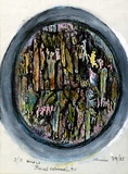 Artist: b'Shearer, Mitzi.' | Title: b'not titled [oval]' | Date: 1977-85 | Technique: b'woodcut, printed in black ink, from one block, hand-coloured, various colour'