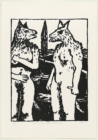 Artist: b'WORSTEAD, Paul' | Title: b'Virtue is never left to stand alone' | Date: 1991 | Technique: b'screenprint, printed in black ink, from one stencil' | Copyright: b'This work appears on screen courtesy of the artist' Artist: b'WORSTEAD, Paul' | Title: b'Virtue is never left to stand alone' | Date: 1991 | Technique: b'screenprint, printed in black ink, from one stencil' | Copyright: b'This work appears on screen courtesy of the artist'