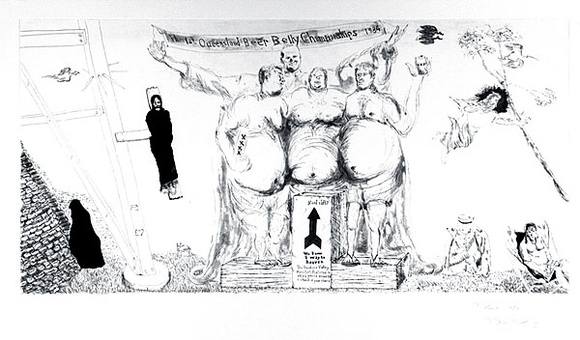 Artist: b'COLEING, Tony' | Title: b'The first Queensland beer belly championships 1984.' | Date: 1984 | Technique: b'etching and aquatint' Artist: b'COLEING, Tony' | Title: b'The first Queensland beer belly championships 1984.' | Date: 1984 | Technique: b'etching and aquatint'