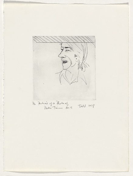 Artist: b'Todd, Geoff.' | Title: b'Portrait of a photo of Peter Timms number 5' | Date: 1978 | Technique: b'etching, printed in black ink, from one plate' | Copyright: b'This work appears on screen courtesy of the artist and copyright holder' Artist: b'Todd, Geoff.' | Title: b'Portrait of a photo of Peter Timms number 5' | Date: 1978 | Technique: b'etching, printed in black ink, from one plate' | Copyright: b'This work appears on screen courtesy of the artist and copyright holder'
